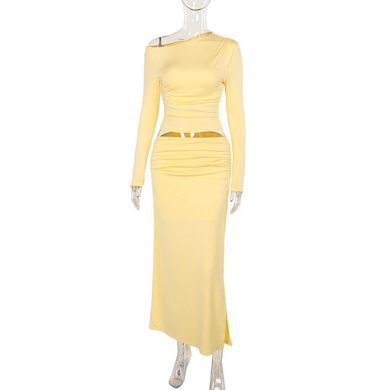 Damen Asymmetrisches Crop‑Top und taillenbetonter Maxirock‑Set aus Stretchjersey EB
