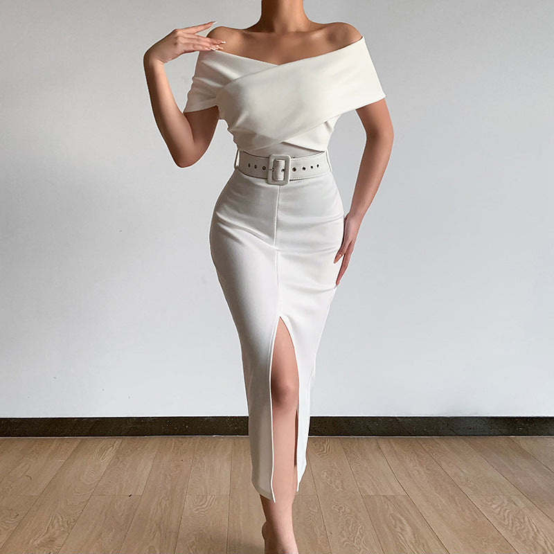 Damen Etuikleid mit schulterfreiem Design und hohem Schlitz EB