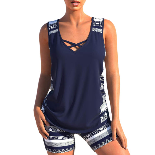 Damen nan sportlicher Tankini-Zweiteiler mit V-Ausschnitt und überkreuzten Brustträgern EB