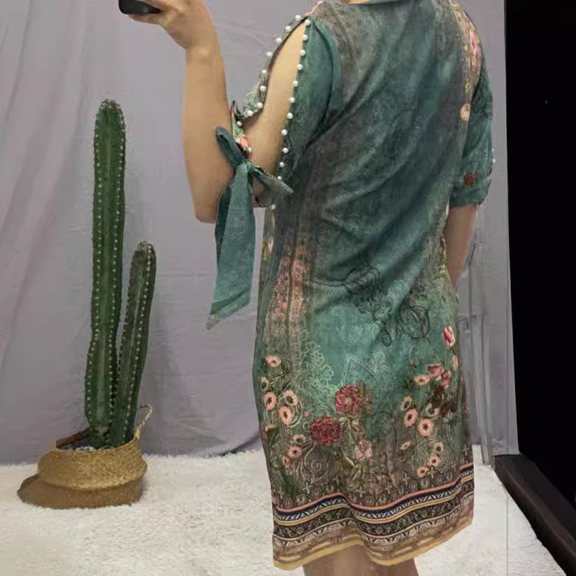 Damen Sommerkleid mit floralen Motiven und schulterfreiem Design EB