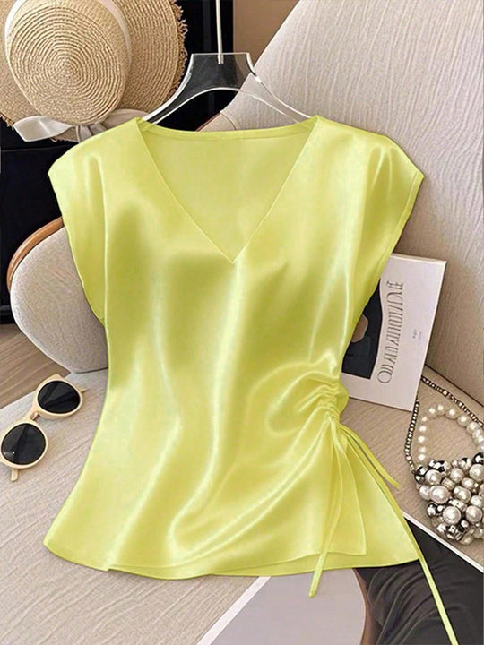 Damen Satinbluse mit seitlichem Kordelzug und V-Ausschnitt EB