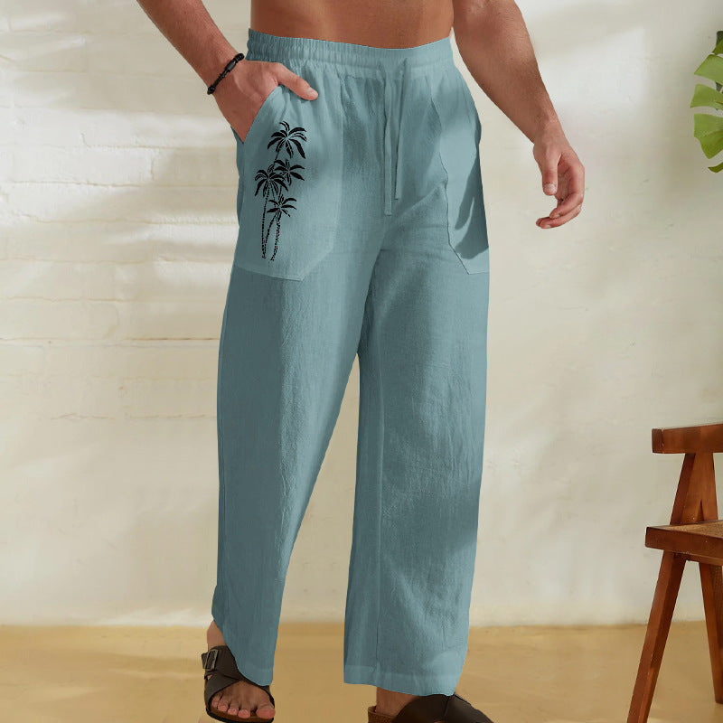 Herren Bequeme Leinenhose mit praktischem Kordelzug und Palmendruck EB