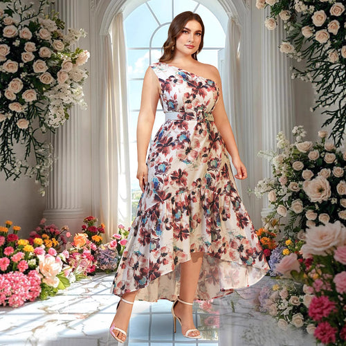 Damen A-Linien Maxikleid mit asymmetrischem Saum und floralem Design EB