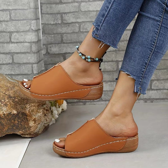 Damen Offene Komfort‑Mules mit gepolstertem Fußbett und Korkoptik‑Plateau EB