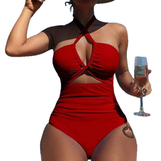 Damen Hoch geschnittener Monokini mit raffiniertem Kreuz-Design EB