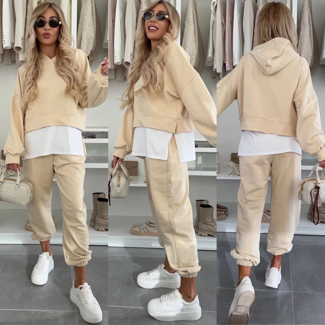 Damen Oversized Hoodie- und Jogging-Set aus Bio-Baumwolle mit Cropped-Sweat und elastischer Bündchenhose EB
