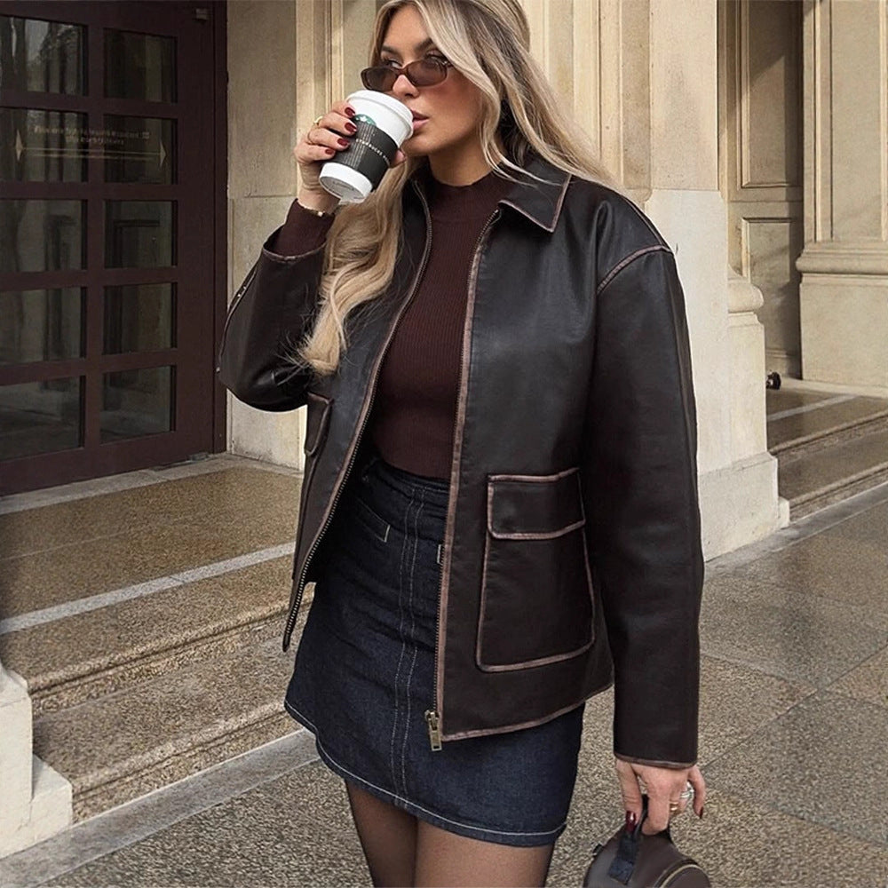 Damen Kunstlederjacke mit klassischen Details EB