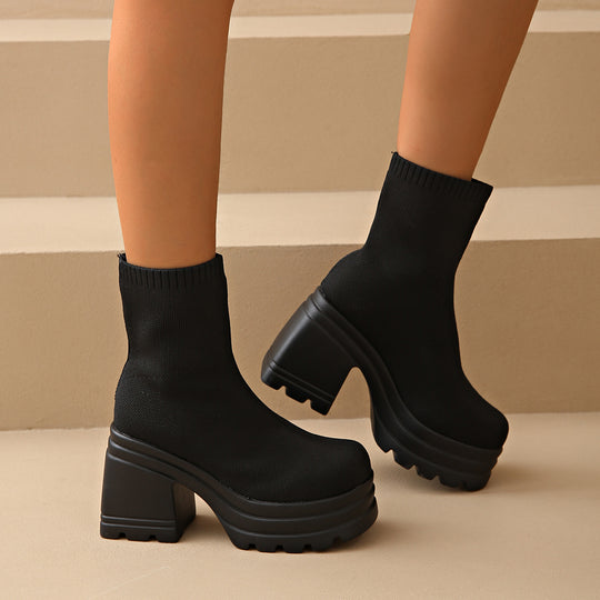 Damen Chunky Stiefeletten mit hohem Absatz und flexiblem Strickdesign EB