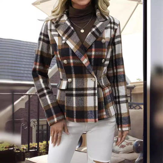 Damen kariertes Zweireiher-Blazerjacke mit eleganten Knopfdetails und maßgeschneidertem Schnitt EB
