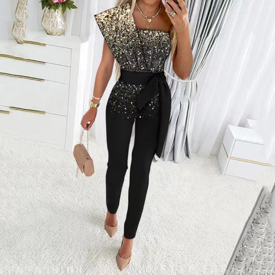Damen One-Shoulder Jumpsuit mit glitzerndem Oberteil und Taillengürtel EB