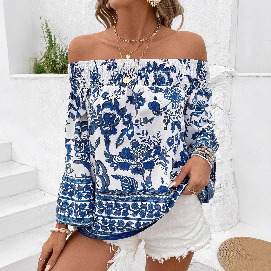 Damen Off-Shoulder Bluse mit floralem Muster und Rüschendetails EB