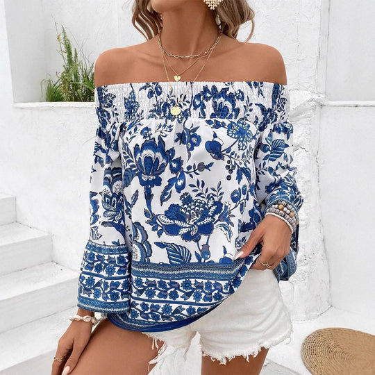 Damen Off-Shoulder Bluse mit floralem Muster und Rüschendetails EB