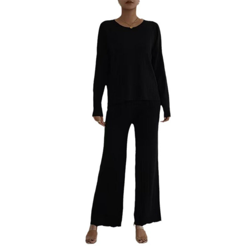 Damen lässiges und elegantes Strick-Loungewear-Set mit weitem Bein und feinen Rippenstrukturen EB
