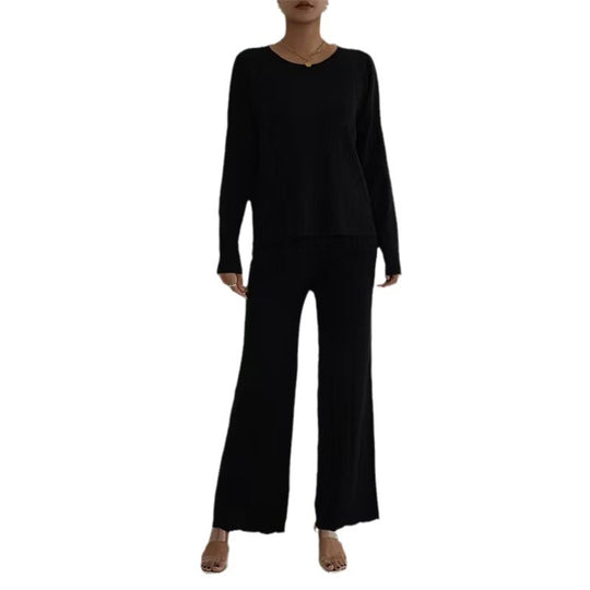 Damen lässiges und elegantes Strick-Loungewear-Set mit weitem Bein und feinen Rippenstrukturen EB