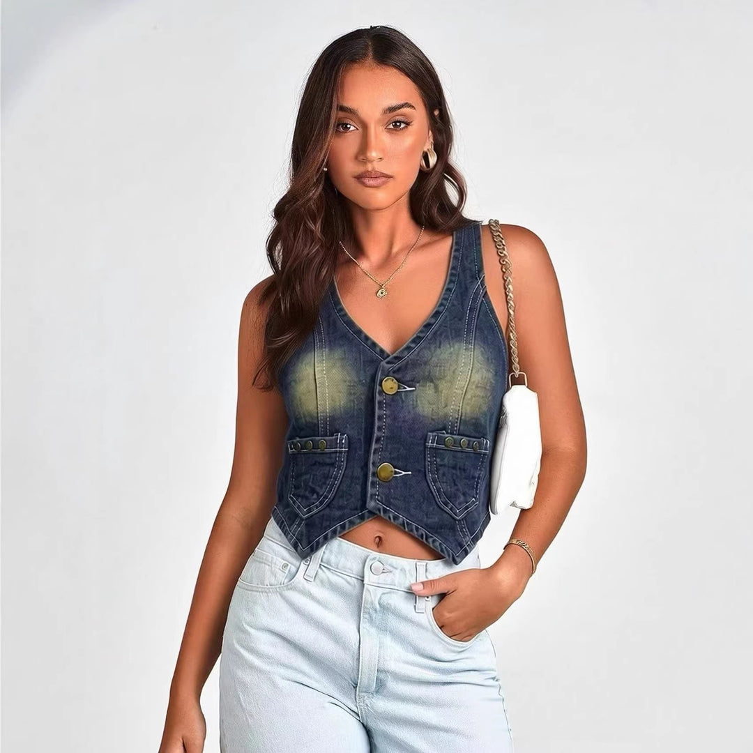 Damen Denim Bustier-Jacke mit Knopfdetails und aufgesetzten Taschen EB