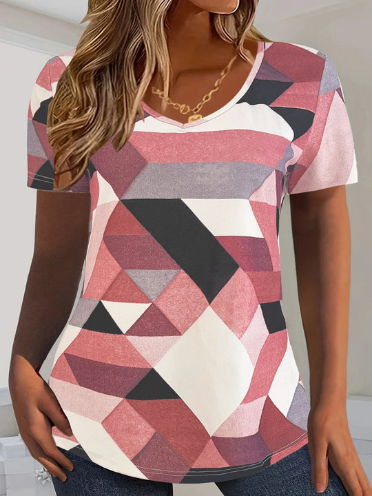 Damen V-Ausschnitt T-Shirt mit modernem geometrischem Muster EB