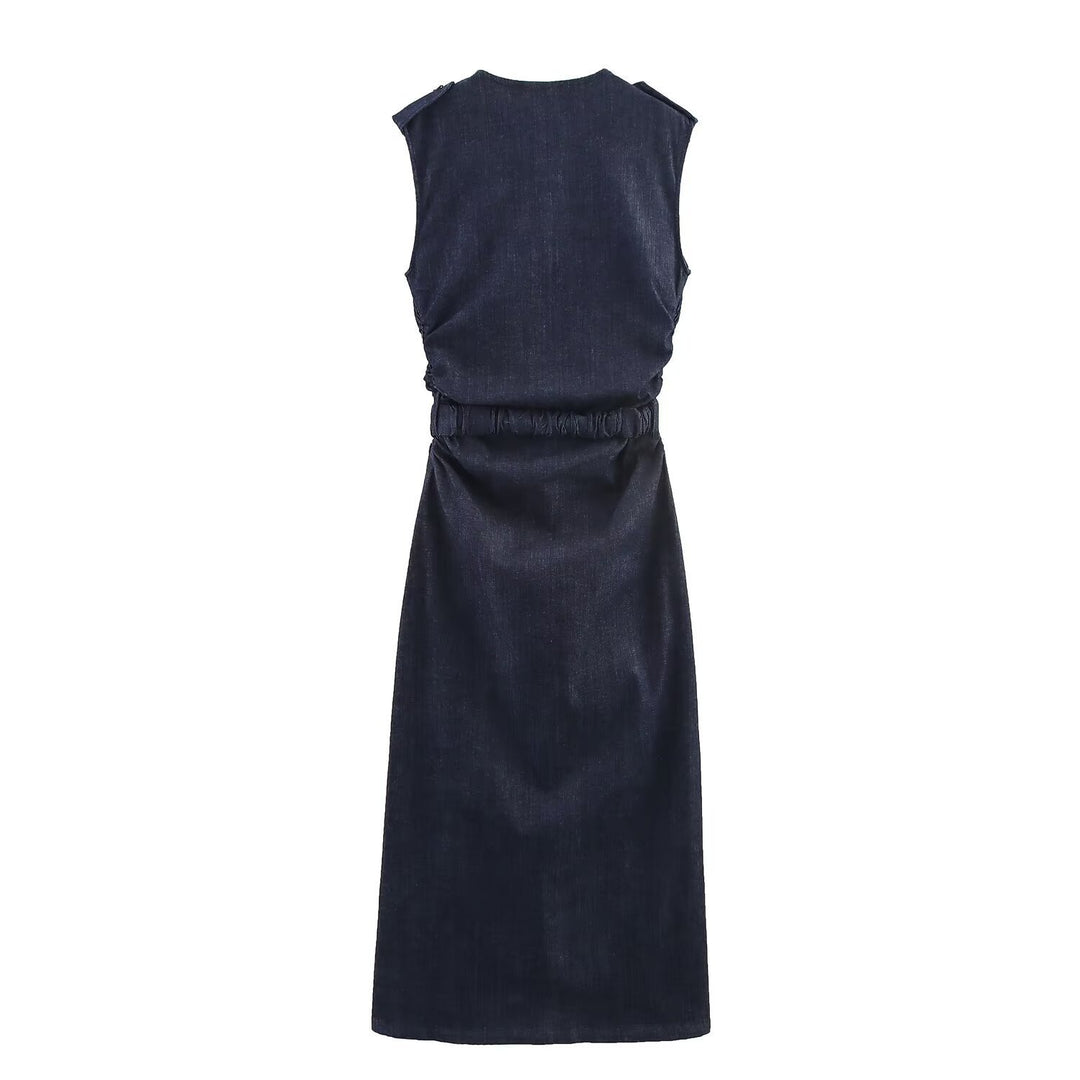 Damen Jeanskleid mit Wickelgürtel und eleganten Druckknöpfen EB