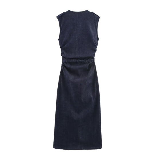 Damen Jeanskleid mit Wickelgürtel und eleganten Druckknöpfen EB