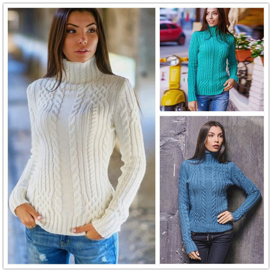 Damen Pullover mit hohem Kragen und Zopfmuster EB