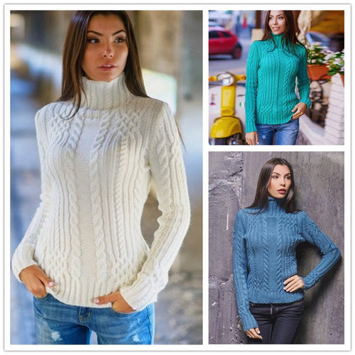 Damen Pullover mit hohem Kragen und Zopfmuster EB