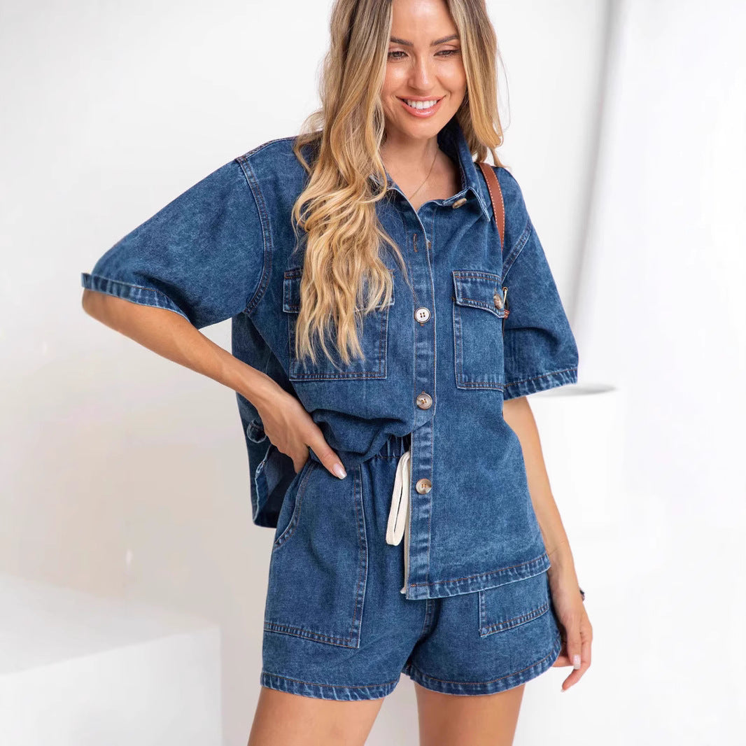 Damen Denim-Hemd und Shorts-Set im modischen Stil EB