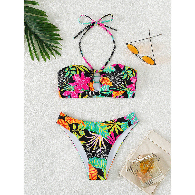 Damen Bandeau-Bikini mit floralem Design und integriertem Cut-Out-Detail EB