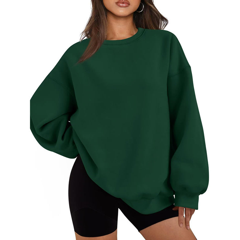 Damen nan Oversized Rundhals-Sweatshirt mit überschnittener Schulter, weichem Fleece-Innenfutter und gerippten Bündchen EB