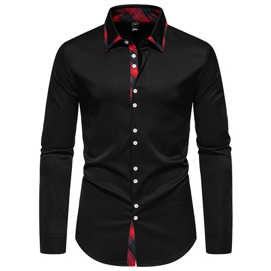 Herren elegantes Langarmhemd mit kreativem Kragen und kontrastierenden Details EB