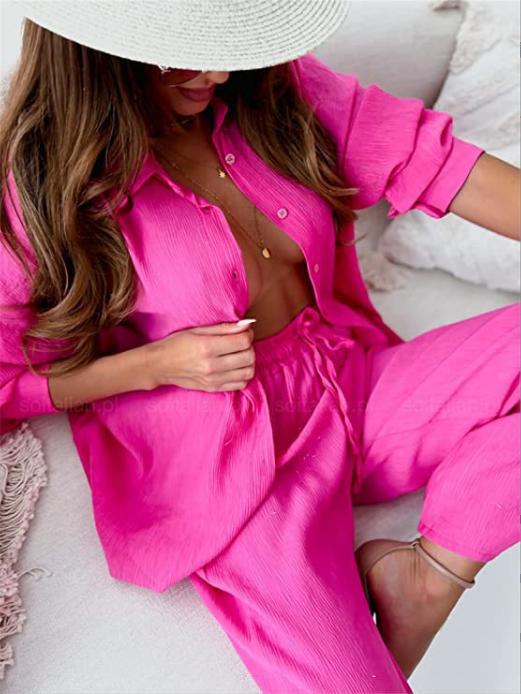 Damen nan lockeres zweiteiliges Lounge-Set mit Oversize-Hemd und elastischer Bundhose EB