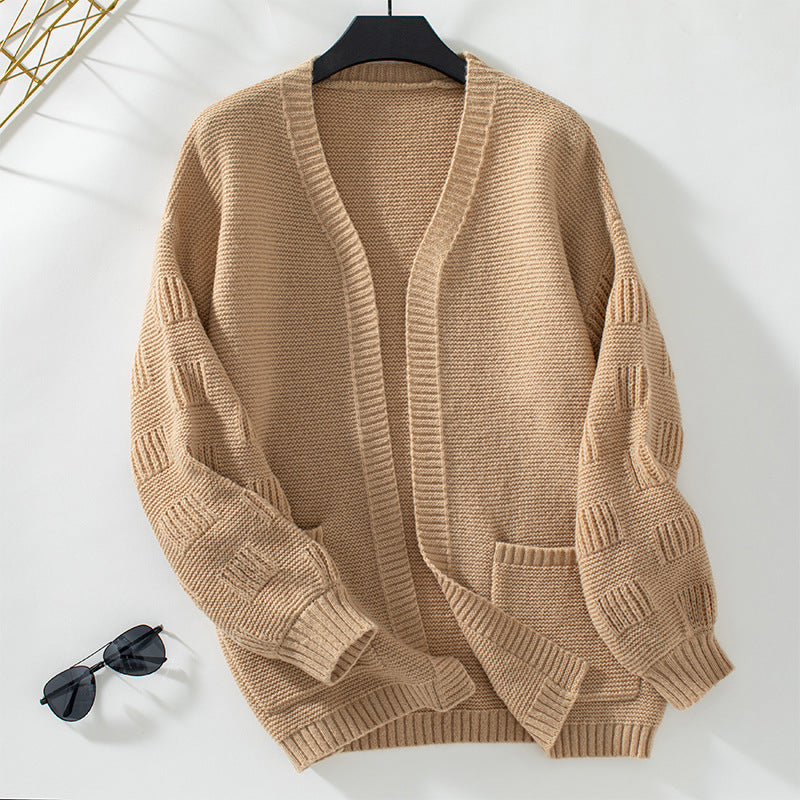 Damen weit geschnittene Strickjacke mit Taschen und strukturiertem Ärmel EB