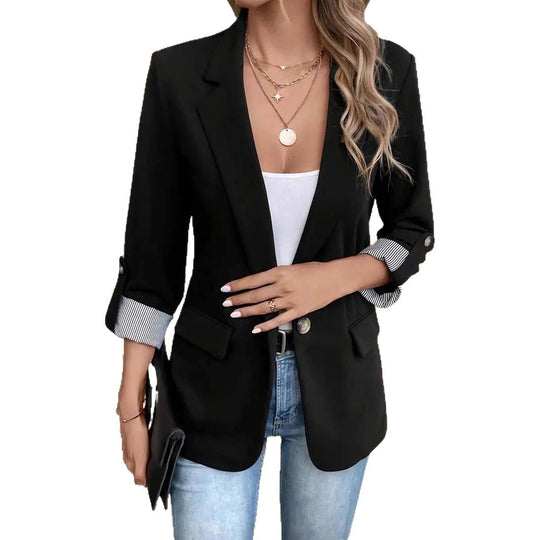 Damen eleganter Blazer mit gestreiftem Futter und stilvollen Taschen EB