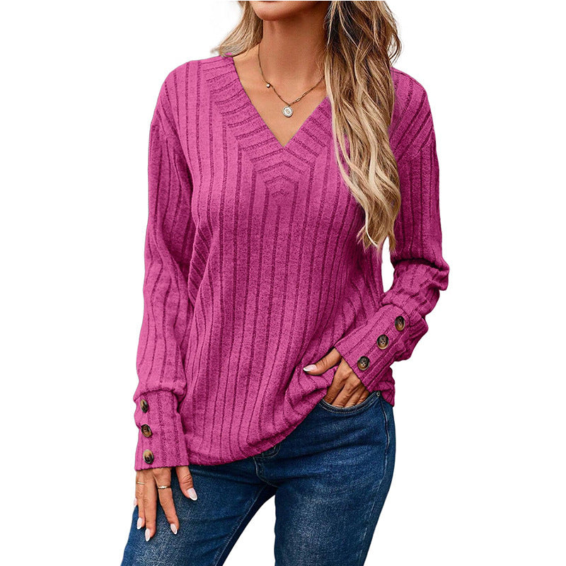 Damen V-Ausschnitt Pullover mit dekorativem Streifenmuster und Knopfdetails EB