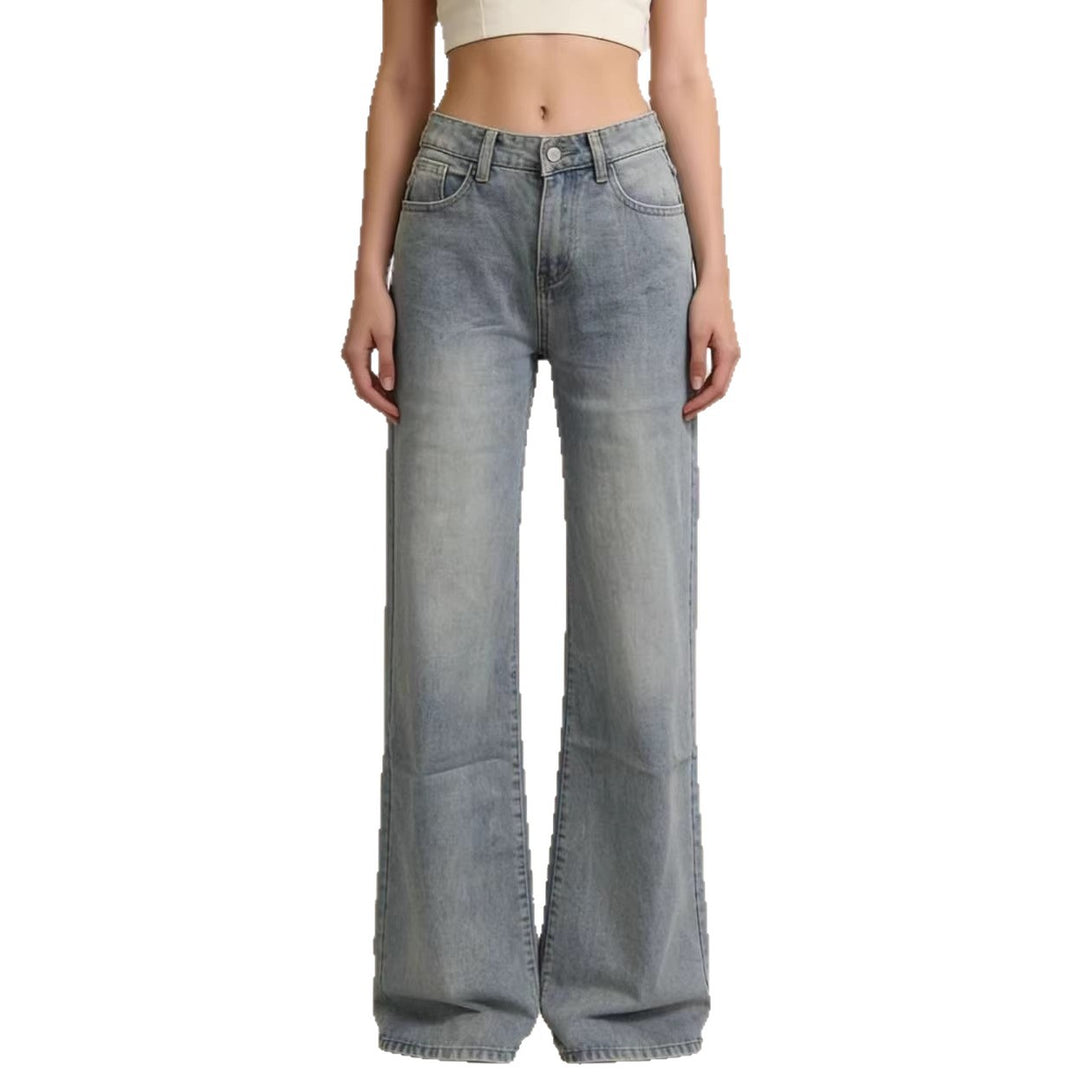 Damen weite Denim-Hose mit Vintage-Waschung und hoch geschnittenem Bund EB