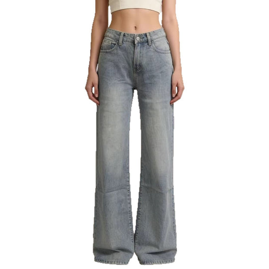 Damen weite Denim-Hose mit Vintage-Waschung und hoch geschnittenem Bund EB