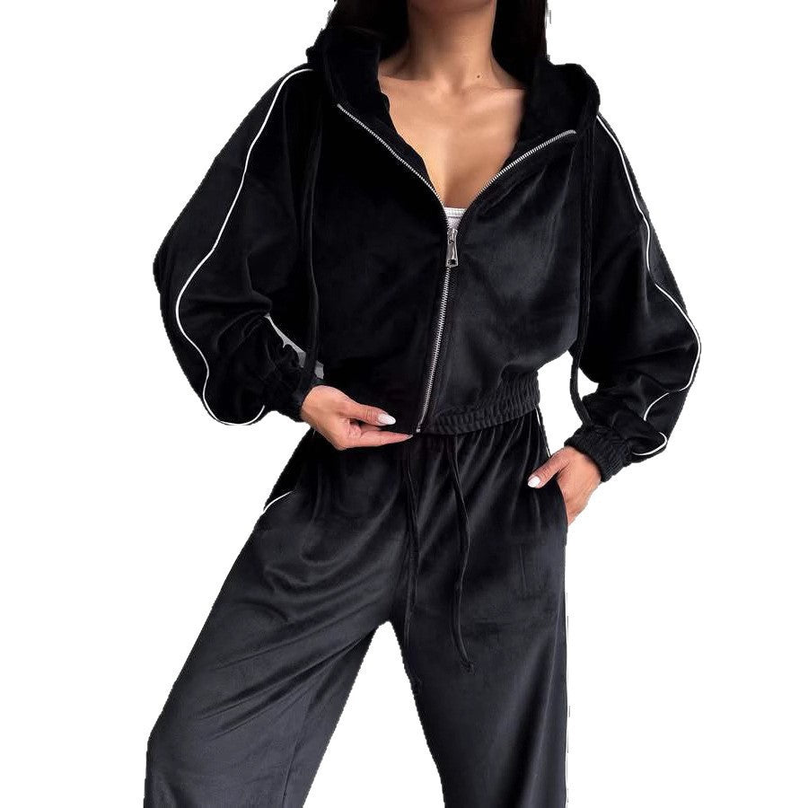 Damen Samt-Lounge-Set mit verkürzter Zip-Hoodie und weitem High-Waist Jogger EB