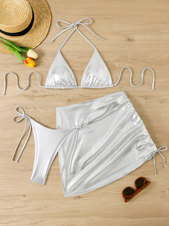 Damen Bikini-Set mit glänzendem Triangel-Oberteil und hohem Taillenschnitt EB