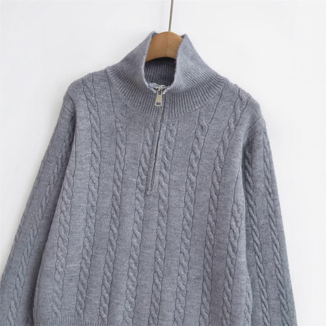 Damen Strickpullover mit kurzem Reißverschluss und Zopfmuster EB