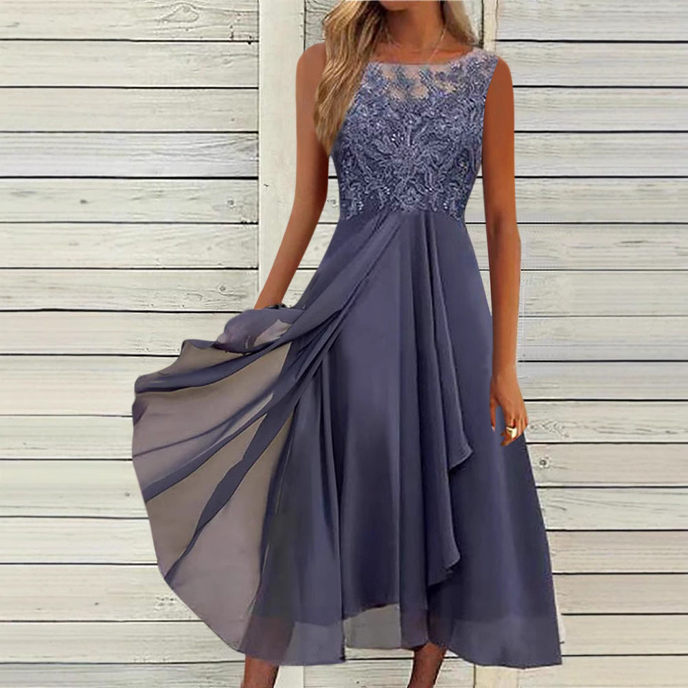 Damen nan ärmelloses Chiffon-Midikleid mit bestickter Illusionsspitze, Schiff-Ausschnitt und mehrlagigem Schwingrock EB