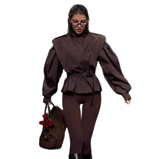 Damen Bluse mit hohen Kragen und elastischem Taillengürtel EB