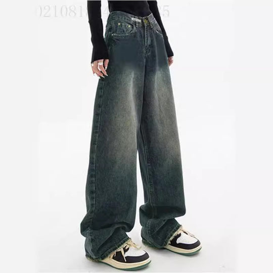 Damen nan hochgeschnittene extraweite Baggy-Jeans mit überlangem Saum und Vintageoptik EB