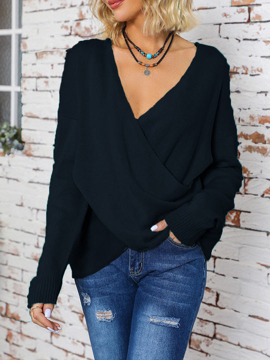 Damen Wickelpullover mit V-Ausschnitt und weitem Schnitt EB