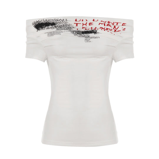 Damen Off-Shoulder T-Shirt mit künstlerischem Druck und figurbetontem Schnitt EB