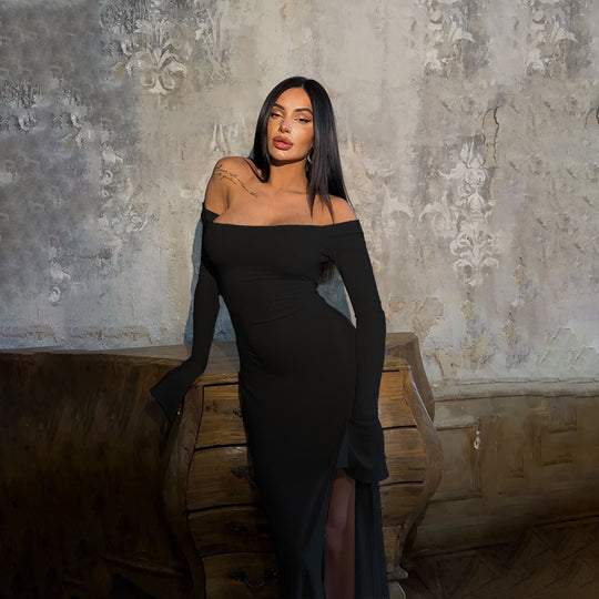 Damen figurbetontes schulterfreies Maxikleid mit elegantem Schlitz EB