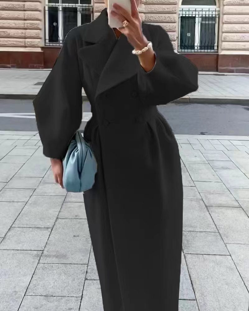 Damen Maxi-Wickelmantel mit seitlichem Schlitz und Ballonärmeln EB