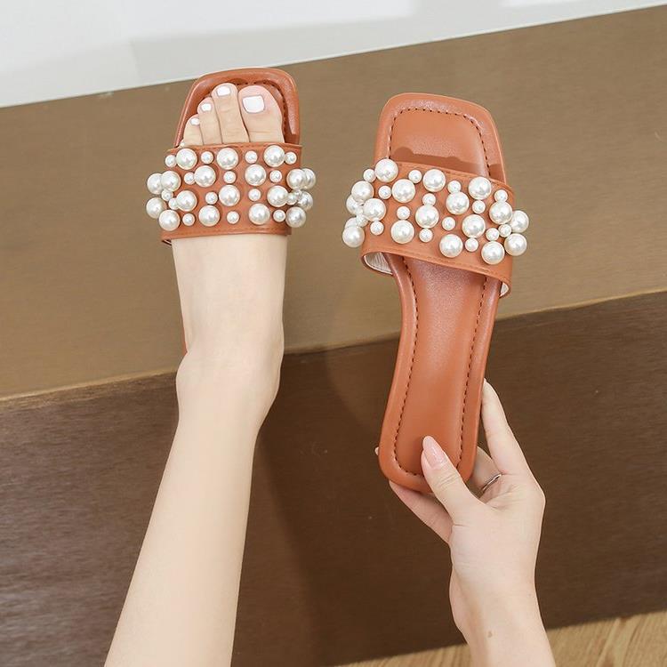 Damen Elegante Slides mit perlenverzierter Riemenstruktur EB