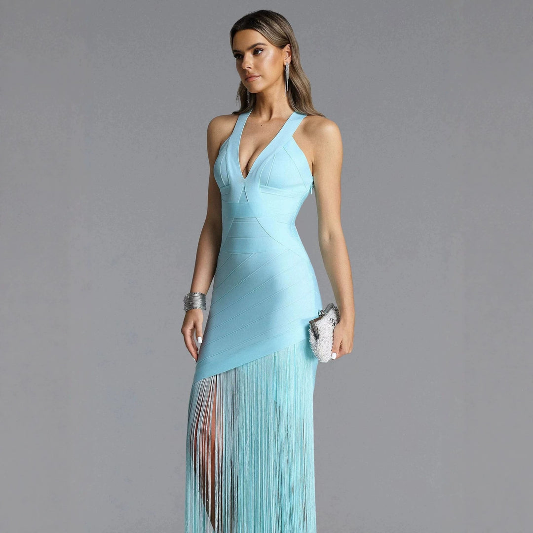 Damen Elegantes Minikleid mit raffinierten Fransen und tiefem V-Ausschnitt EB