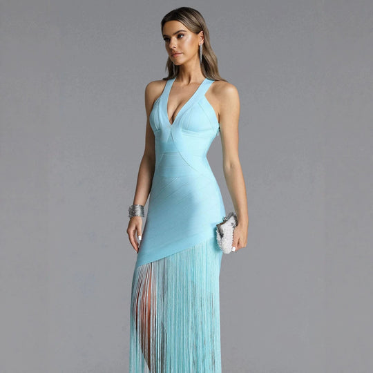 Damen Elegantes Minikleid mit raffinierten Fransen und tiefem V-Ausschnitt EB