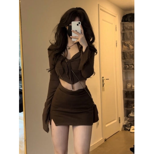 Damen Crop-Top mit dekorativem Bindegürtel und weitem Arm EB