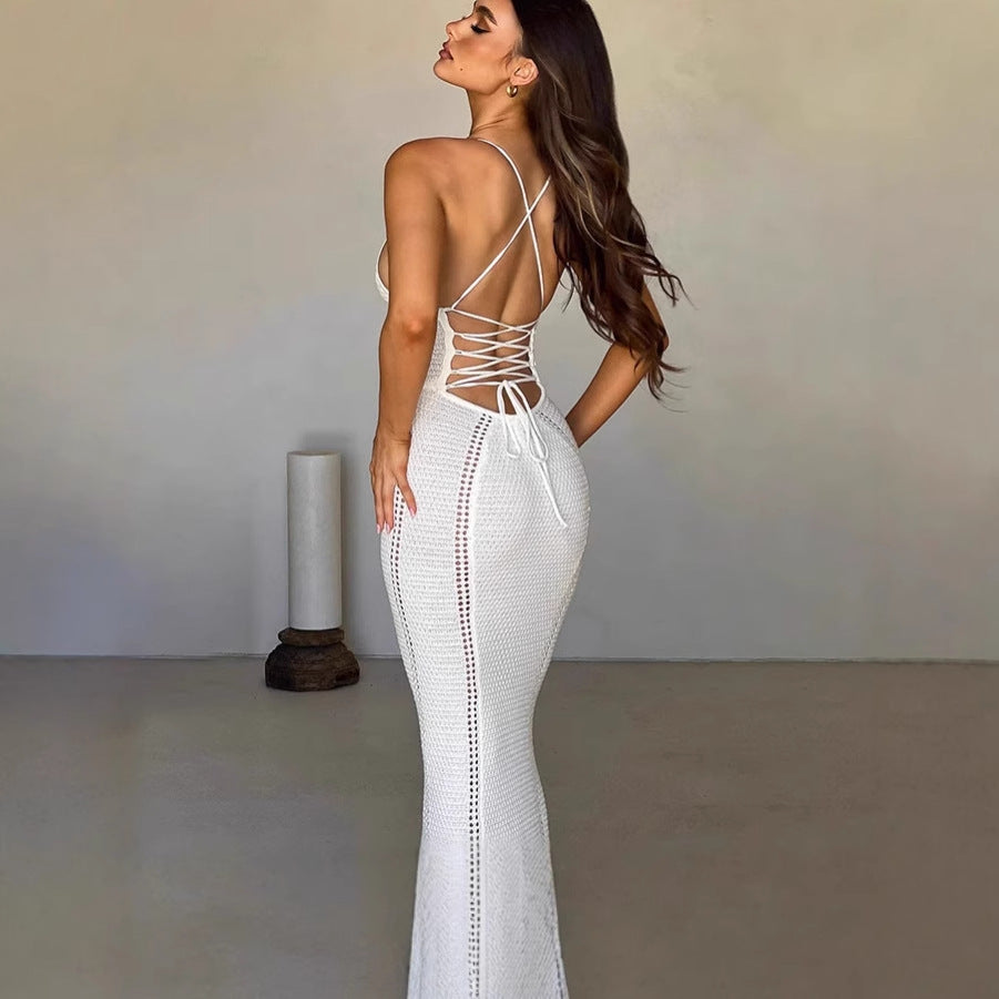 Damen Elegantes Maxikleid mit raffiniertem Rippendesign und tiefem V-Ausschnitt EB