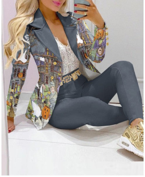 Damen Zweiteiliges Blazer-und-Hose-Set mit Schmetterlingsprint und glamourösem Glitzereffekt EB